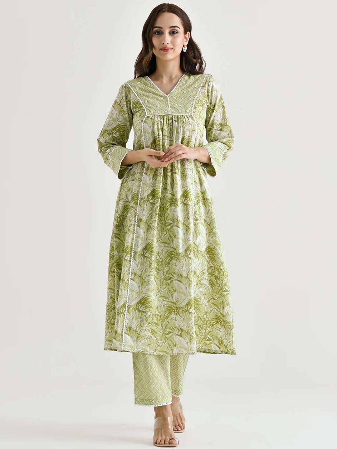 SANJANA SILK Floral Printed V-Neck Beads and Stones Pleated A-Line Kurta With Trousers, Lime green
SANJANA SILK Floral Printed V-Neck Beads and Stones Pleated A-Line Kurta With Trousers, Lime green