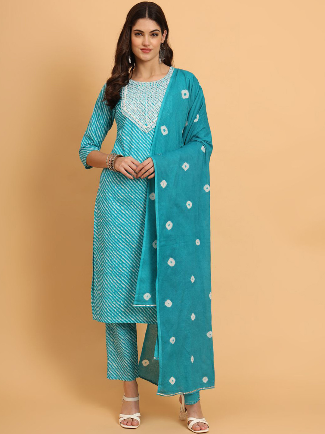 ASHRU Leheriya Printed Mirror Work Straight Kurta With Trouser And Dupatta, Turquoise blue
ASHRU Leheriya Printed Mirror Work Straight Kurta With Trouser And Dupatta, Turquoise blue