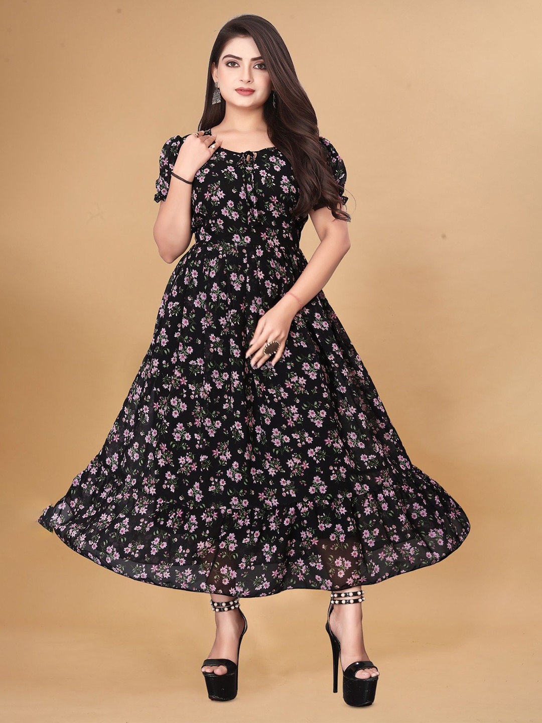 KRISHTI CREATION Women Floral Printed Puff Sleeve Georgette Fit & Flare Maxi Dress, Black
KRISHTI CREATION Women Floral Printed Puff Sleeve Georgette Fit & Flare Maxi Dress, Black