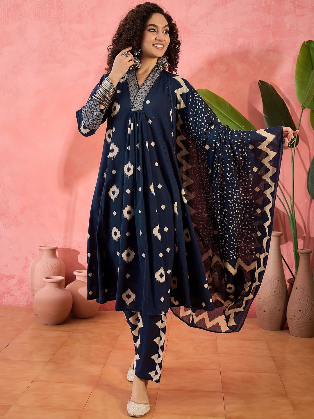 Sangria Geometric Printed V-Neck Pleated Pure Cotton A-Line Kurta With Trouser And Dupatta, Navy blue
Sangria Geometric Printed V-Neck Pleated Pure Cotton A-Line Kurta With Trouser And Dupatta, Navy blue