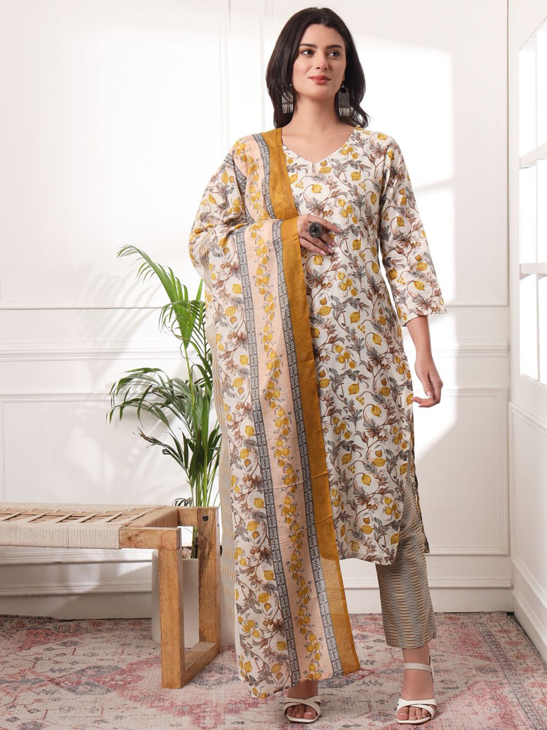 KALINI Floral Printed Pure Cotton V-Neck Straight Kurta With Trousers And Dupatta, Beige
KALINI Floral Printed Pure Cotton V-Neck Straight Kurta With Trousers And Dupatta, Beige