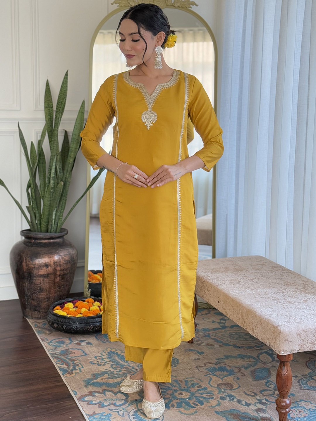 KALINI Ethnic Motifs Embroidered Chanderi Silk Straight Kurta With Trousers And Dupatta, Yellow
KALINI Ethnic Motifs Embroidered Chanderi Silk Straight Kurta With Trousers And Dupatta, Yellow