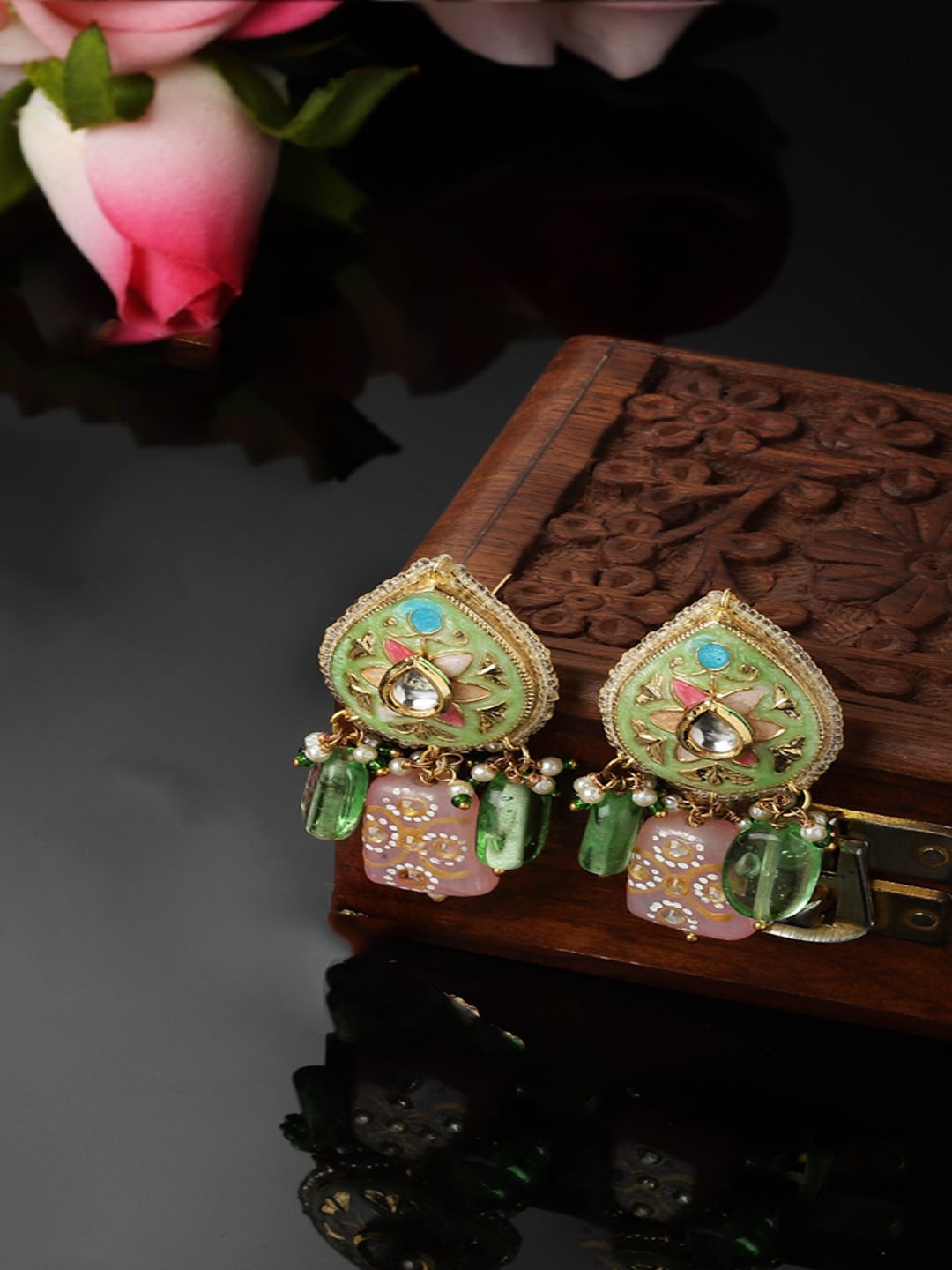 DUGRISTYLE Ghazal Gold-Plated Stones Studded & Beaded Contemporary Shaped Drop Earrings
DUGRISTYLE Ghazal Gold-Plated Stones Studded & Beaded Contemporary Shaped Drop Earrings