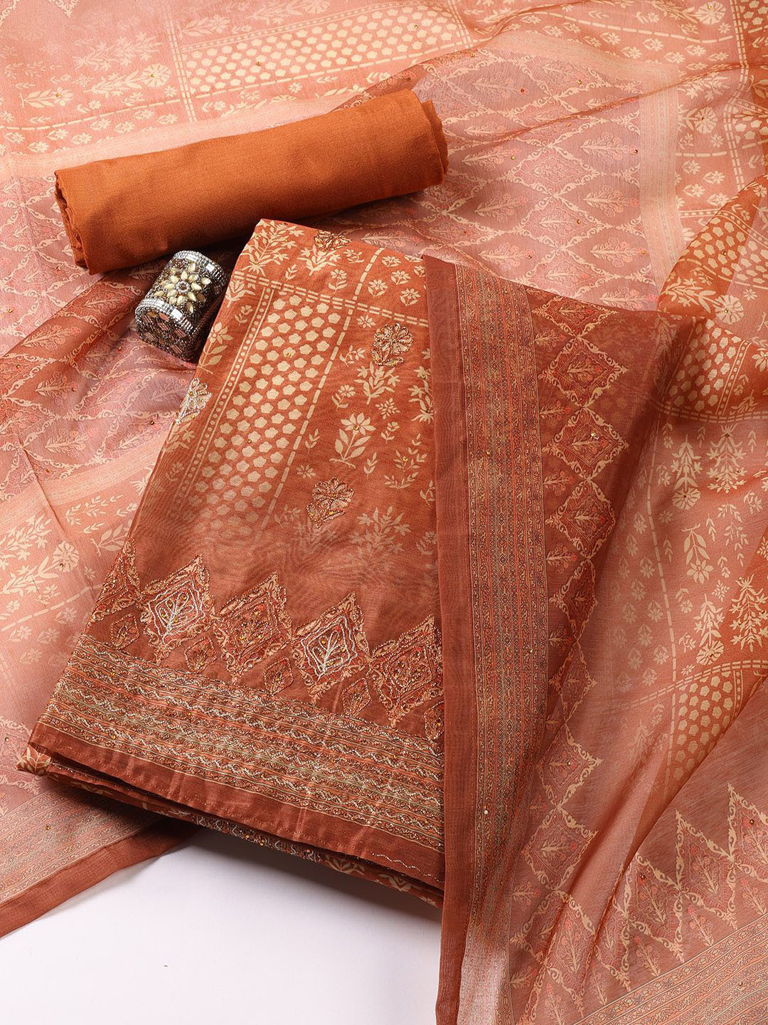 Meena Bazaar Floral Printed Beads and Stones Studded Chanderi Unstitched Dress Material, Rust
Meena Bazaar Floral Printed Beads and Stones Studded Chanderi Unstitched Dress Material, Rust