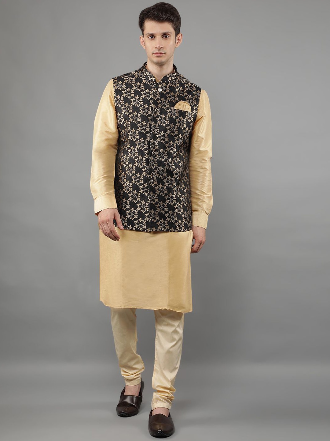 Manish Creations Woven Design Mandarin Collar Straight Kurta with Churidar & Nehru jacket, Beige
Manish Creations Woven Design Mandarin Collar Straight Kurta with Churidar & Nehru jacket, Beige