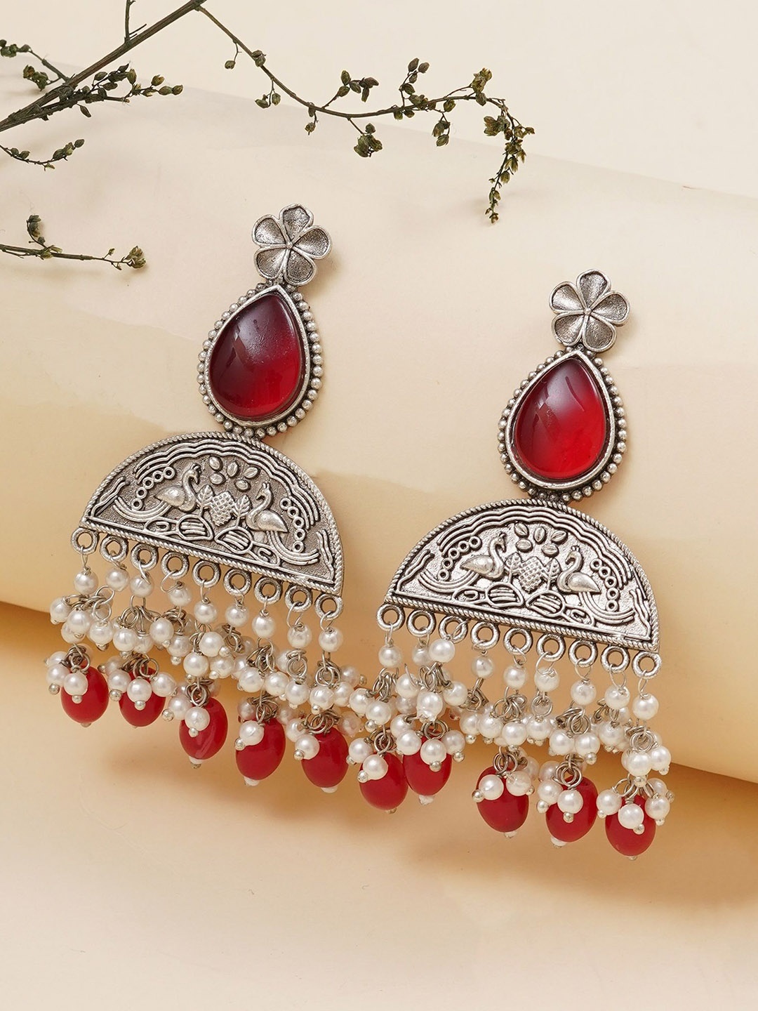 JEWILLEY Silver-Plated Artficial Stones & Beaded Geometric Shaped Oxidised Drop Earrings, Red
JEWILLEY Silver-Plated Artficial Stones & Beaded Geometric Shaped Oxidised Drop Earrings, Red