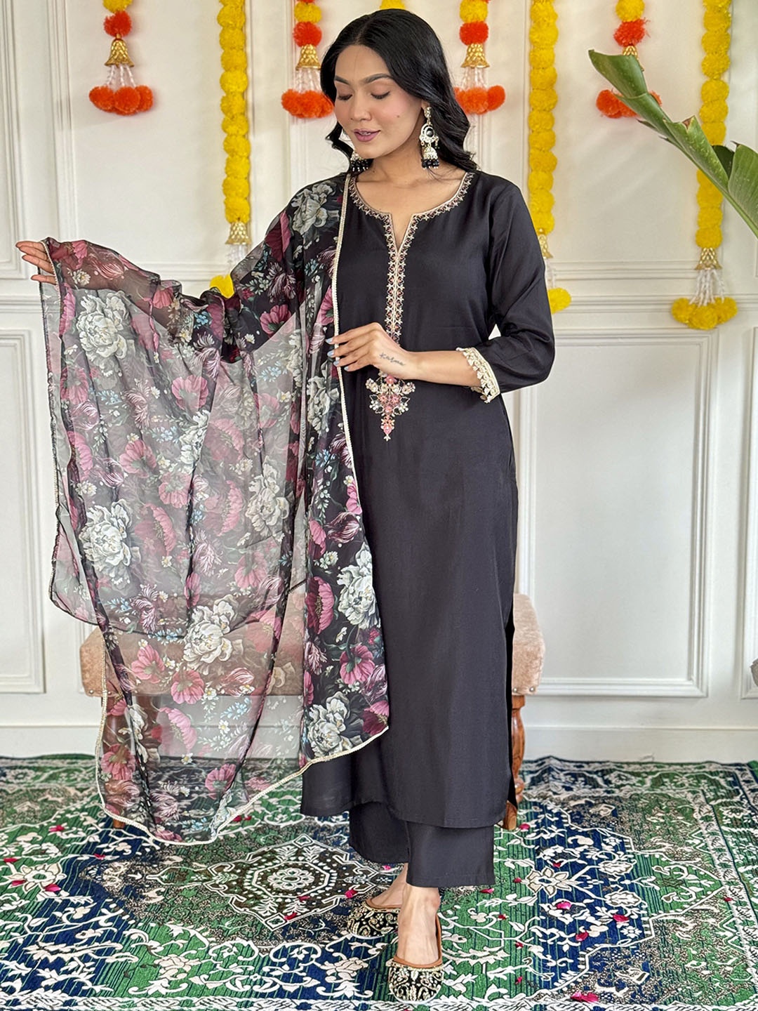 KALINI Floral Embroidered Notch Neck Straight Kurta With Trousers And Dupatta, Black
KALINI Floral Embroidered Notch Neck Straight Kurta With Trousers And Dupatta, Black