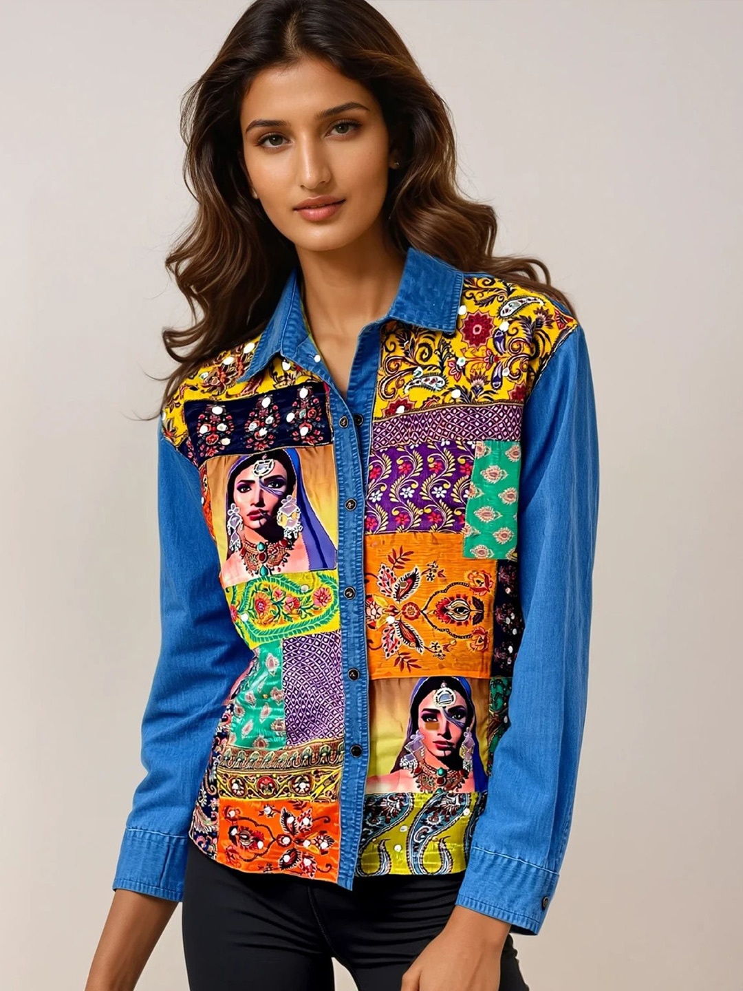 The BANJARA TRAIL Women Spread Collar Ethnic Motifs Printed Denim Casual Shirt, Blue
The BANJARA TRAIL Women Spread Collar Ethnic Motifs Printed Denim Casual Shirt, Blue