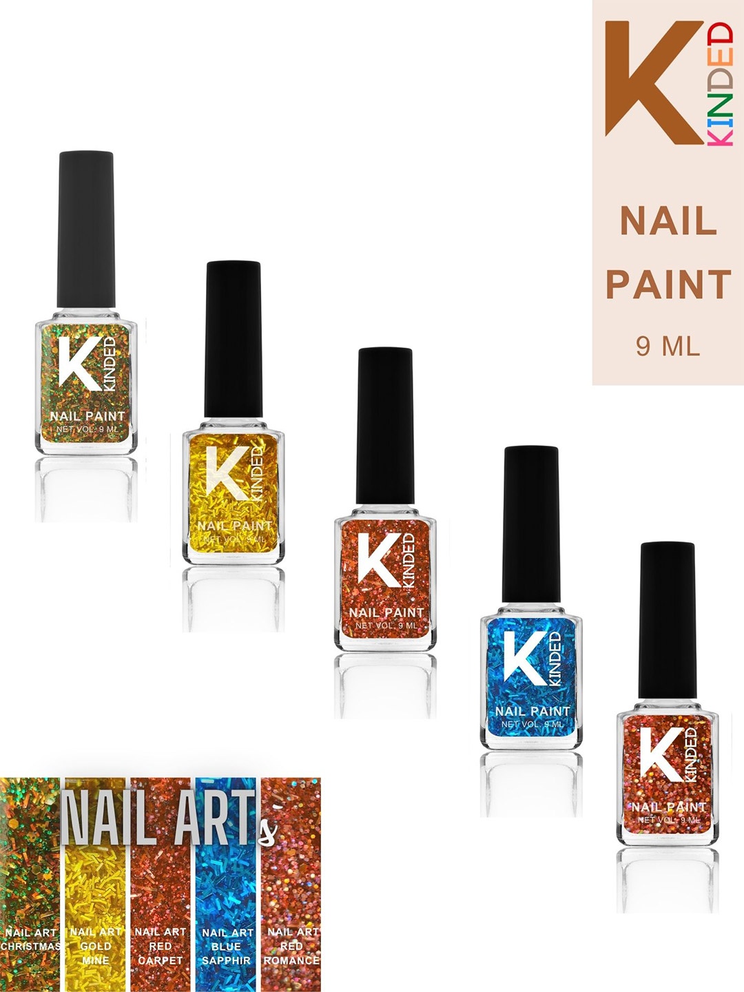KINDED Set Of 5 Glitter Long Lasting Nail Paint - 9 ml Each - Shade 36-37-38-39-40, Yellow
KINDED Set Of 5 Glitter Long Lasting Nail Paint - 9 ml Each - Shade 36-37-38-39-40, Yellow