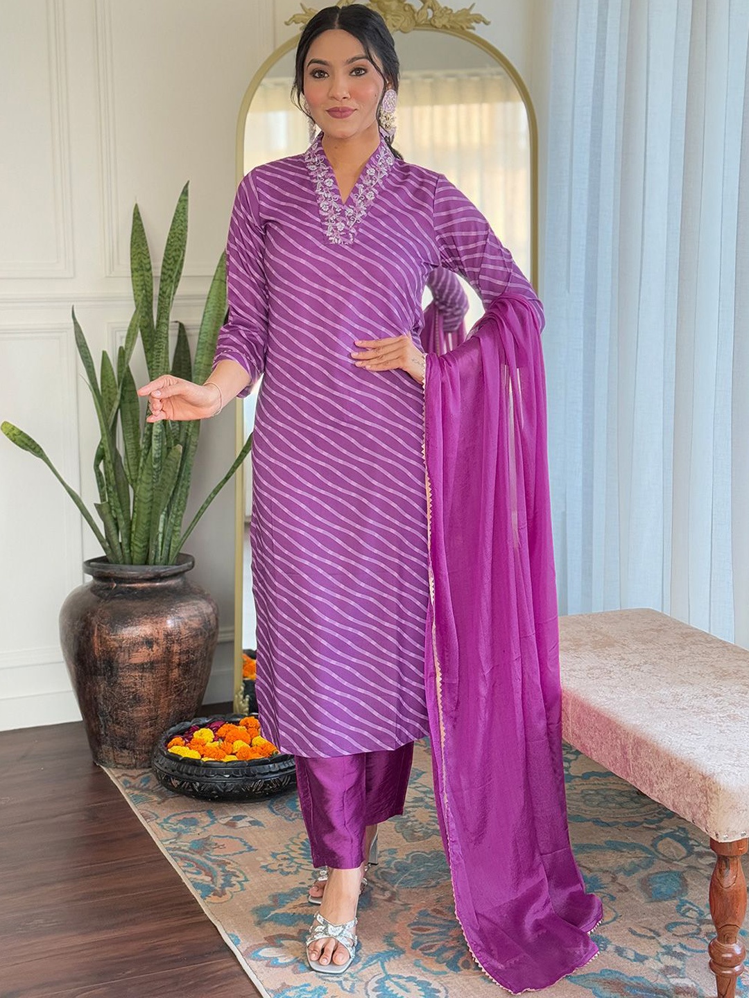 KALINI Leheriya Printed Cotton Blend V-Neck Straight Kurta With Trousers And Dupatta, Purple
KALINI Leheriya Printed Cotton Blend V-Neck Straight Kurta With Trousers And Dupatta, Purple