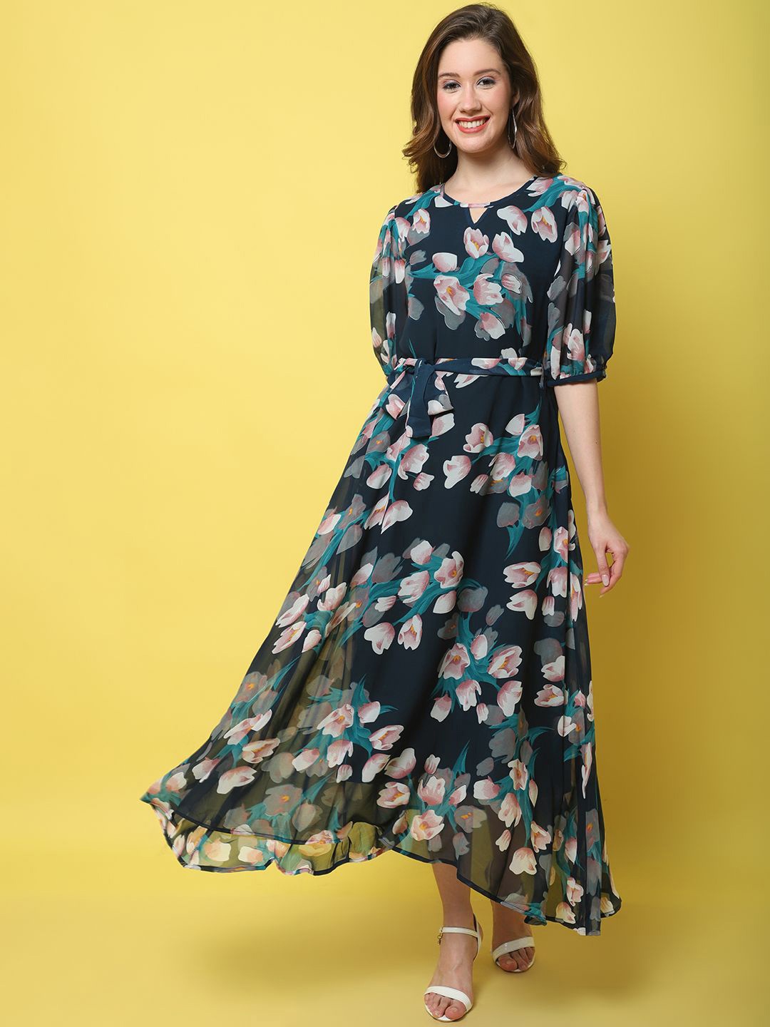 Metronaut Floral Print Puff Sleeve Applique Georgette Fit & Flare Midi Dress, Navy blue
Metronaut Floral Print Puff Sleeve Applique Georgette Fit & Flare Midi Dress, Navy blue