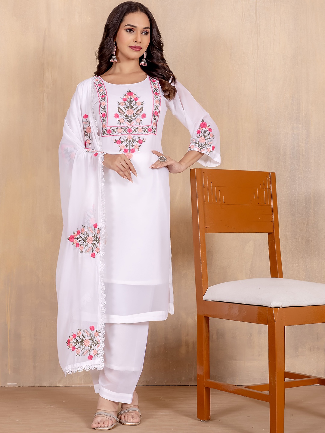 SANJANA SILK Floral Embroidered Thread Work Georgette Kurta With Trousers & Dupatta, White
SANJANA SILK Floral Embroidered Thread Work Georgette Kurta With Trousers & Dupatta, White