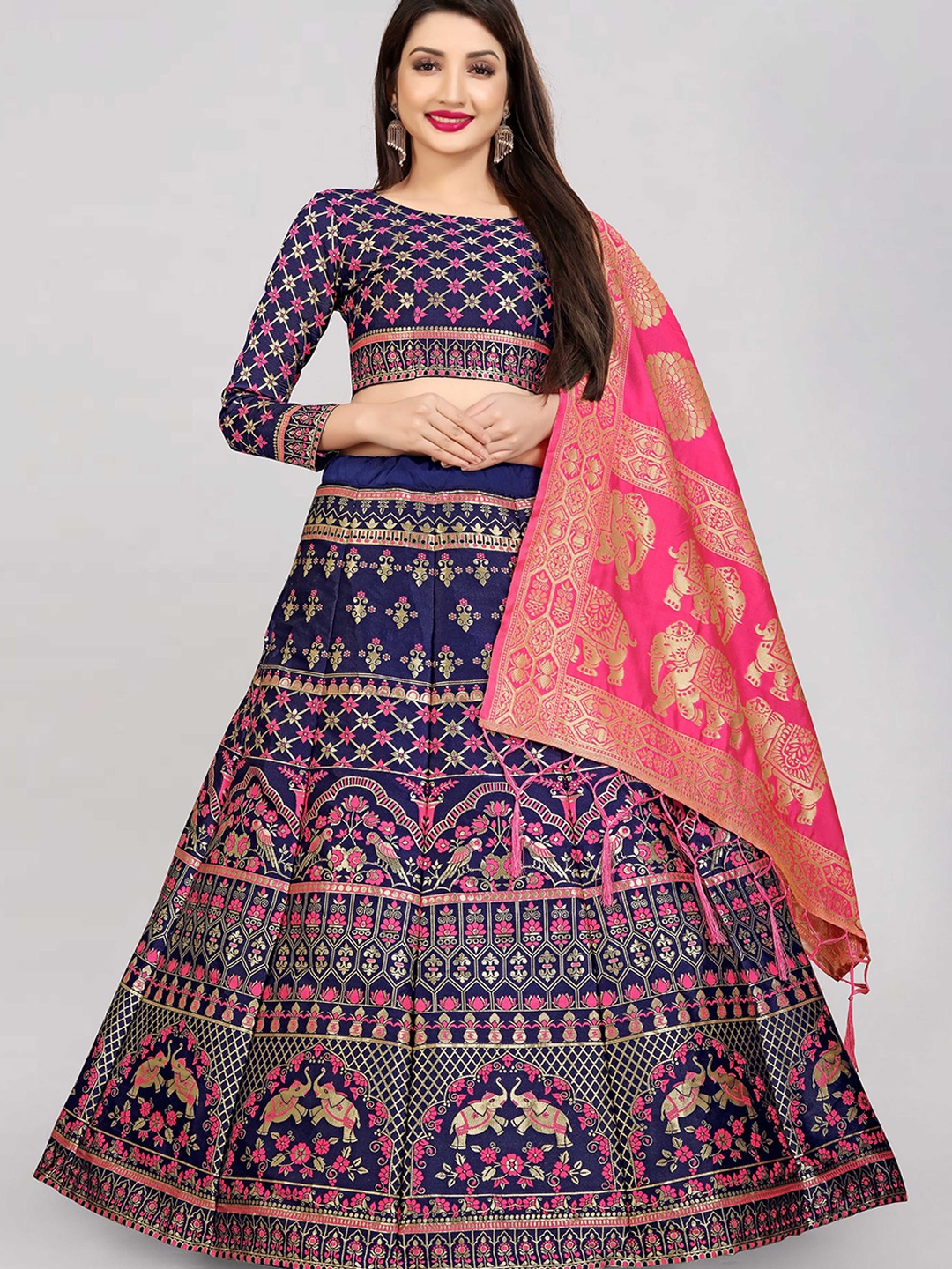 DIVASTRI Woven Design Jacquard Semi-Stitched Lehenga Choli With Banarasi Dupatta, Navy blue
DIVASTRI Woven Design Jacquard Semi-Stitched Lehenga Choli With Banarasi Dupatta, Navy blue