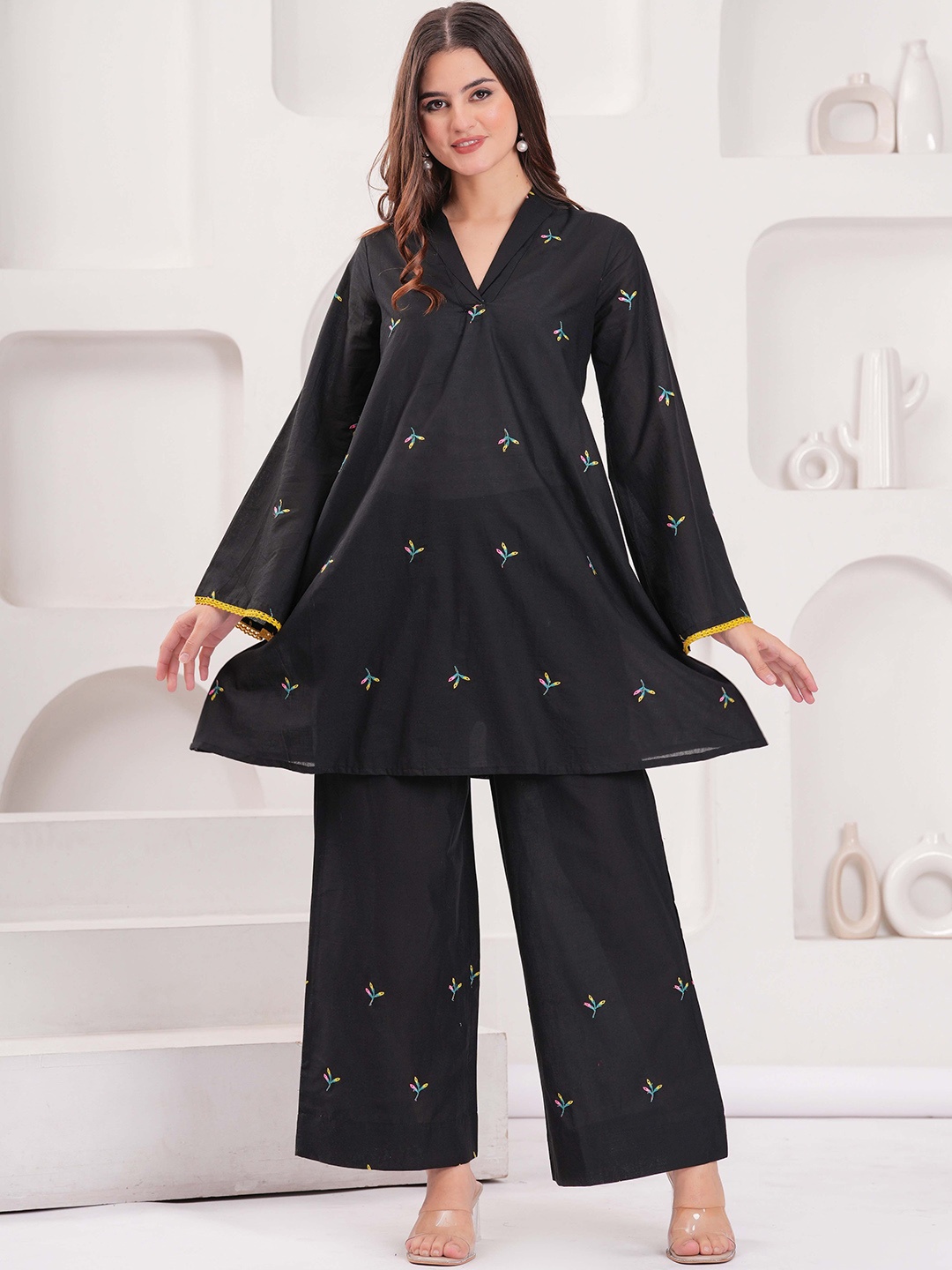 TOP 30 Floral Embroidered V-Neck Regular Pure Cotton A-Line Kurta With Palazzos, Black
TOP 30 Floral Embroidered V-Neck Regular Pure Cotton A-Line Kurta With Palazzos, Black
