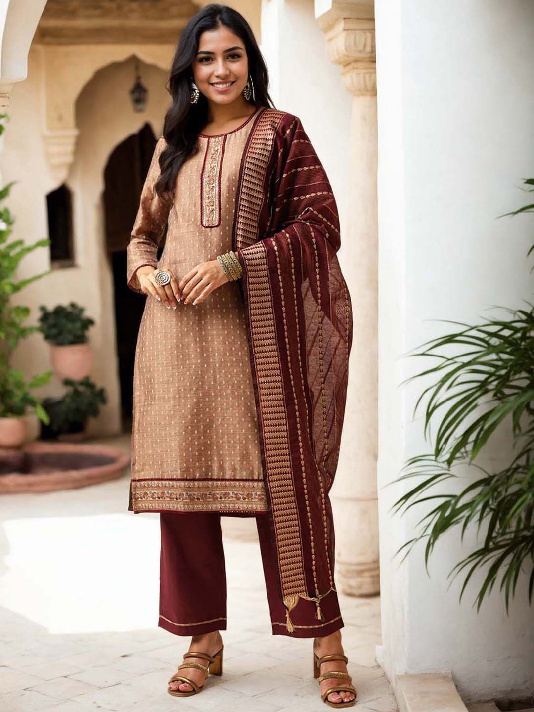 Anouk Women Ethnic Motifs Woven Design Chanderi Silk Kurta With Trouser And Dupatta, Beige
Anouk Women Ethnic Motifs Woven Design Chanderi Silk Kurta With Trouser And Dupatta, Beige