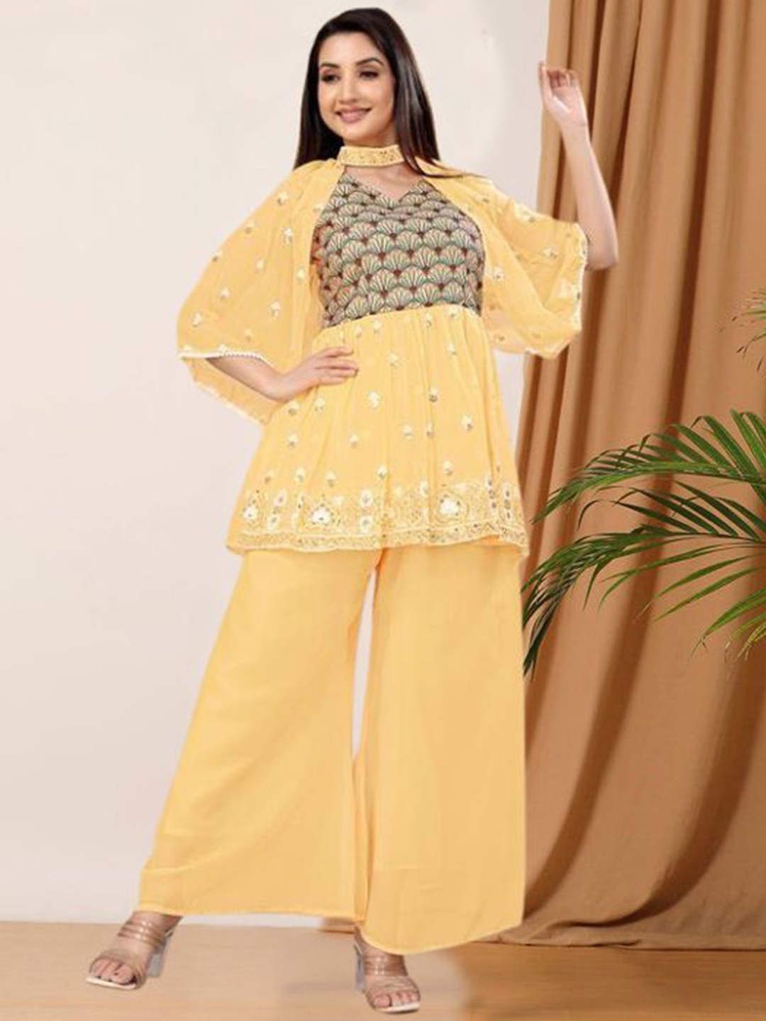 PARROT CREATION Floral Embroidered V-Neck Sequinned A-Line Kurti With Palazzo And Cape, Yellow
PARROT CREATION Floral Embroidered V-Neck Sequinned A-Line Kurti With Palazzo And Cape, Yellow
