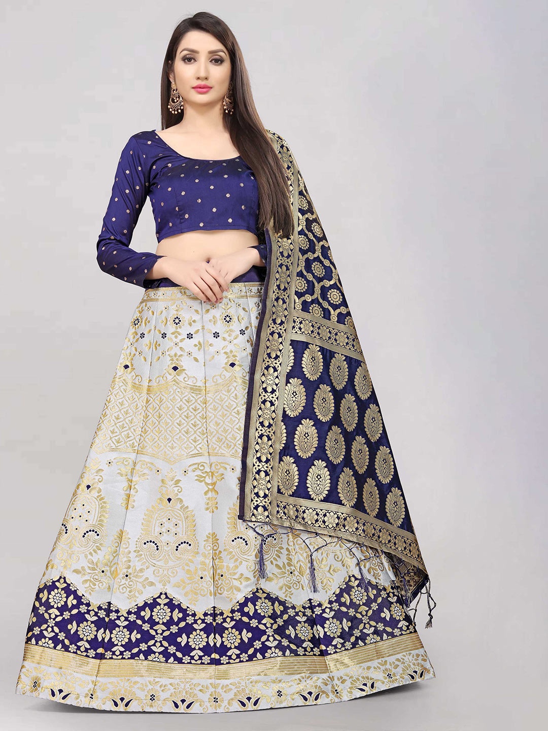 DIVASTRI Woven Design Jacquard Semi-Stitched Lehenga Choli With Banarasi Dupatta, Navy blue
DIVASTRI Woven Design Jacquard Semi-Stitched Lehenga Choli With Banarasi Dupatta, Navy blue