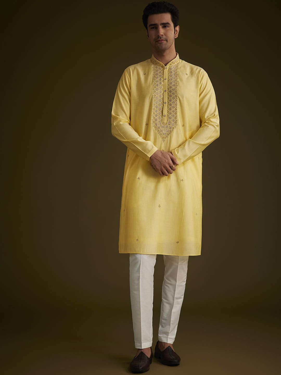 KALKI Fashion Floral Embroidered Mandarin Collar Silk Straight Kurta With Trousers, Yellow
KALKI Fashion Floral Embroidered Mandarin Collar Silk Straight Kurta With Trousers, Yellow