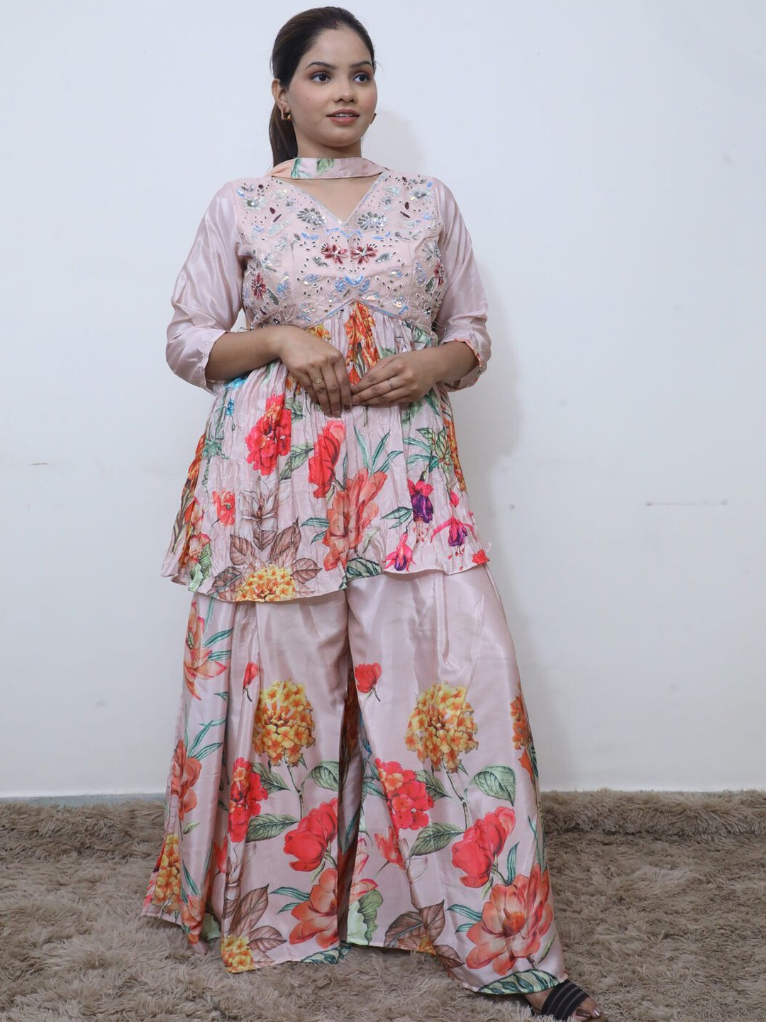 Wavy Collection Floral Printed Sequinned Work V-Neck A-Line Kurti With Palazzos & Dupatta, Pink
Wavy Collection Floral Printed Sequinned Work V-Neck A-Line Kurti With Palazzos & Dupatta, Pink