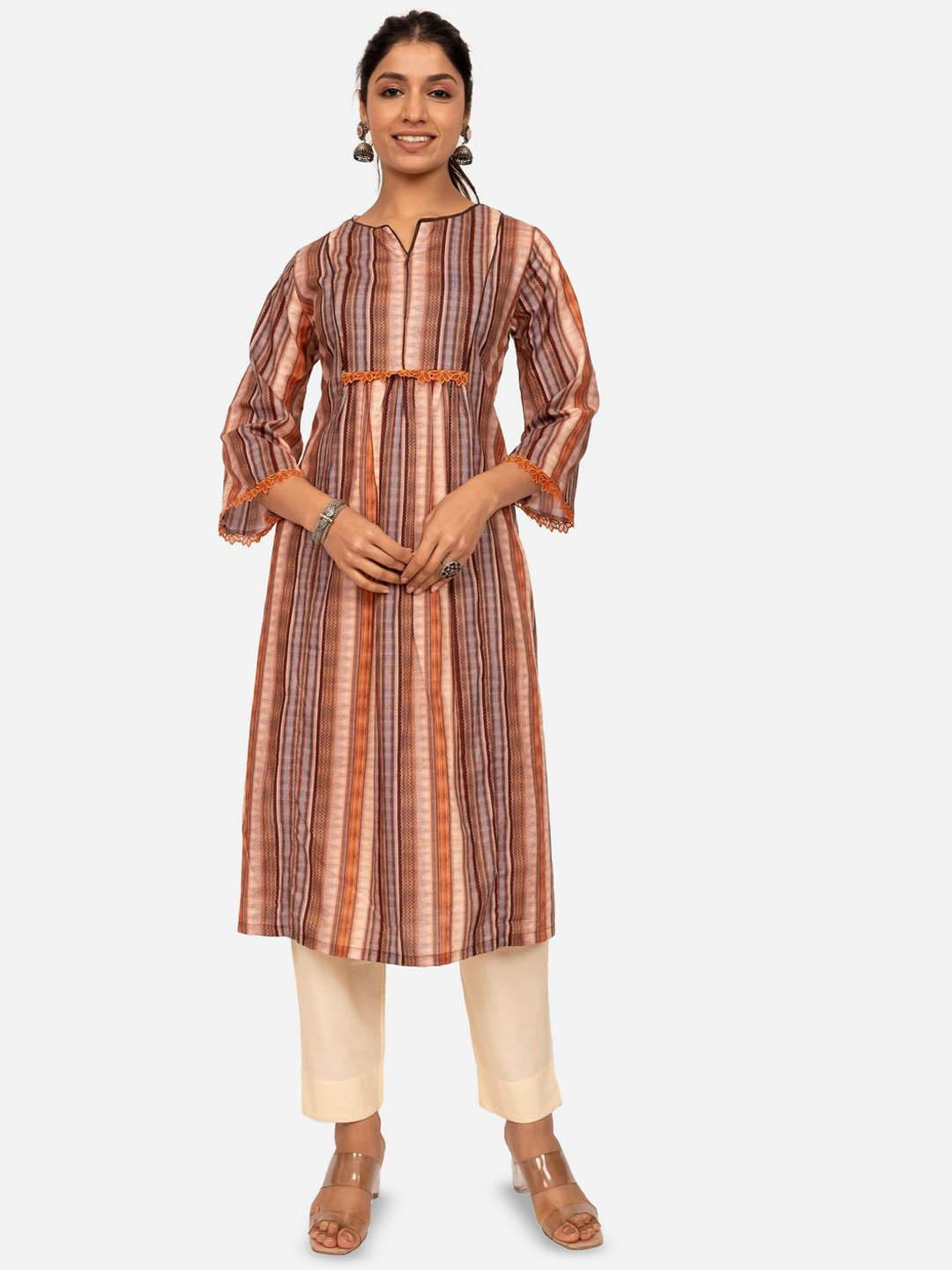 INDIE JHOLA Striped Printed Cotton Notch Neck Straight Kurta, Rust 
INDIE JHOLA Striped Printed Cotton Notch Neck Straight Kurta, Rust