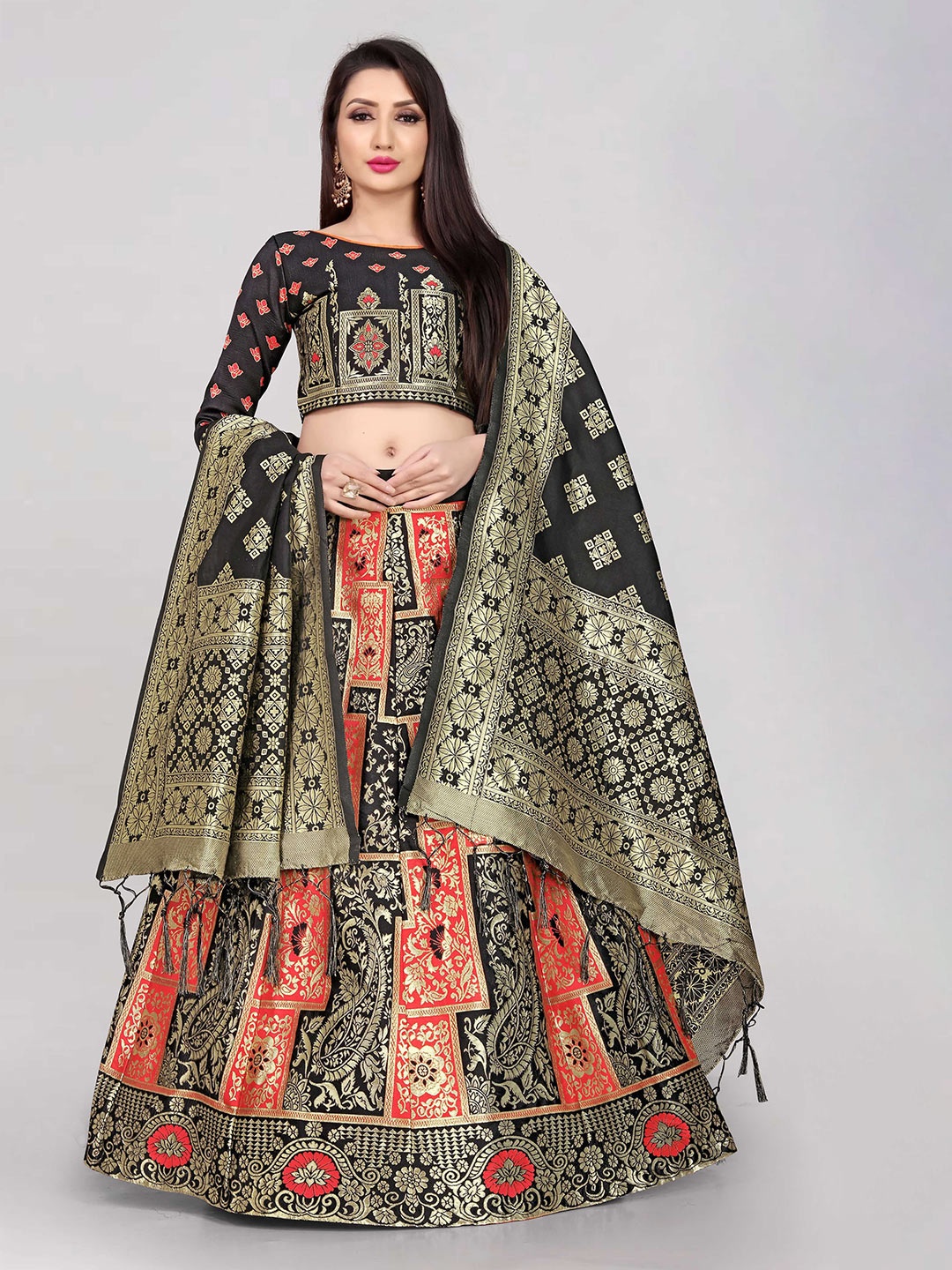 DIVASTRI Woven Design Jacquard Semi-Stitched Lehenga Choli With Banarasi Dupatta, Black
DIVASTRI Woven Design Jacquard Semi-Stitched Lehenga Choli With Banarasi Dupatta, Black
