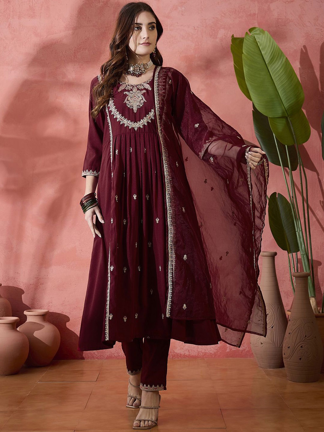 Sangria Floral Embroidered Pleated Sequinned A-Line Kurta With Trouser And Dupatta, Maroon
Sangria Floral Embroidered Pleated Sequinned A-Line Kurta With Trouser And Dupatta, Maroon