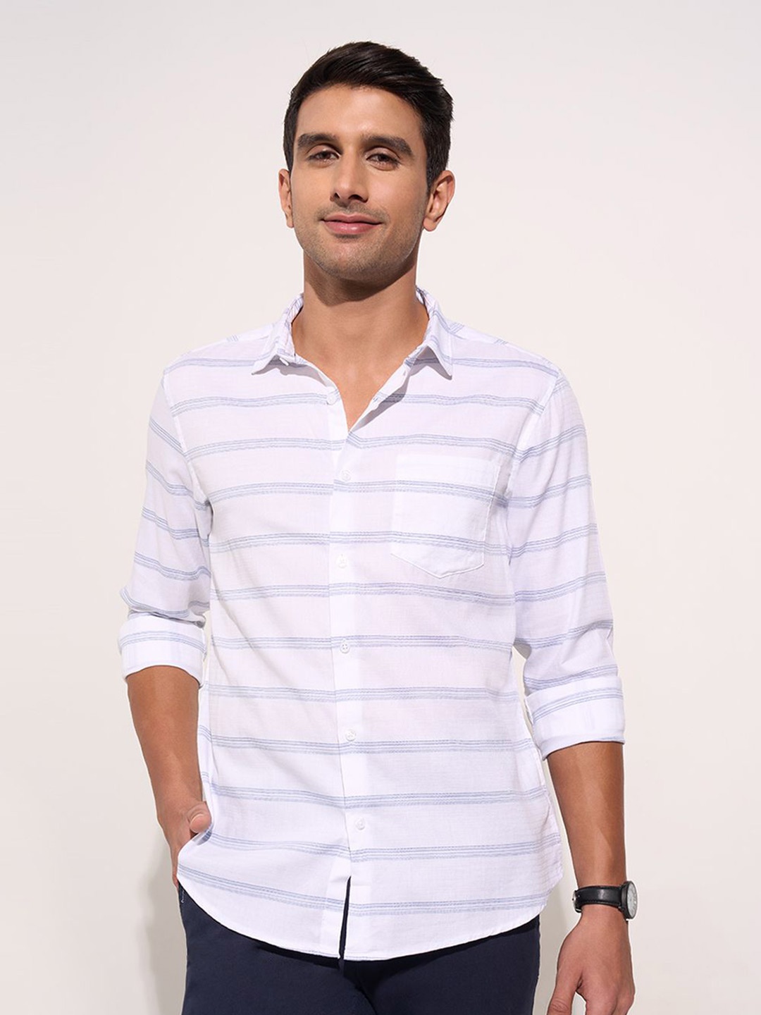Peregrine by Pantaloons Men Spread Collar Horizontal Striped Cotton Casual Shirt, White
Peregrine by Pantaloons Men Spread Collar Horizontal Striped Cotton Casual Shirt, White