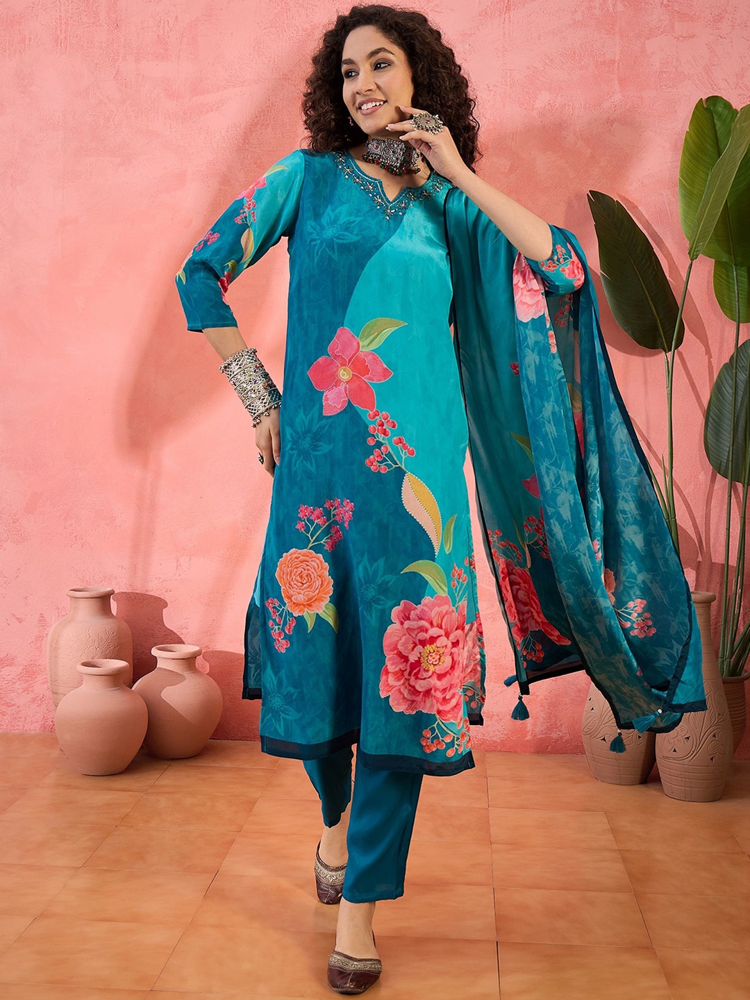 Sangria Floral Printed Notch Neck Beads and Stones Straight Kurta With Trouser And Dupatta, Teal
Sangria Floral Printed Notch Neck Beads and Stones Straight Kurta With Trouser And Dupatta, Teal
