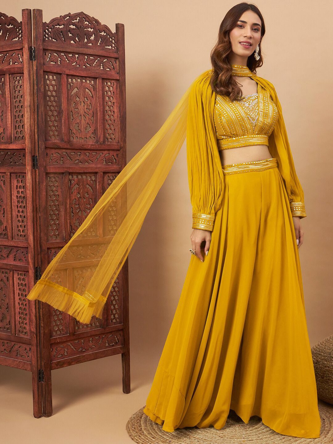 Chhabra 555 Embroidered Sequinned V-Neck Crop Top With Palazzos And Dupatta, Yellow
Chhabra 555 Embroidered Sequinned V-Neck Crop Top With Palazzos And Dupatta, Yellow