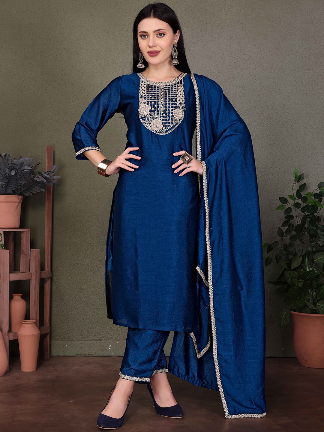 SUNDARNAARI Floral Yoke Design Embroidered Art Silk Straight Kurta With Trousers & Dupatta, Navy blue
SUNDARNAARI Floral Yoke Design Embroidered Art Silk Straight Kurta With Trousers & Dupatta, Navy blue