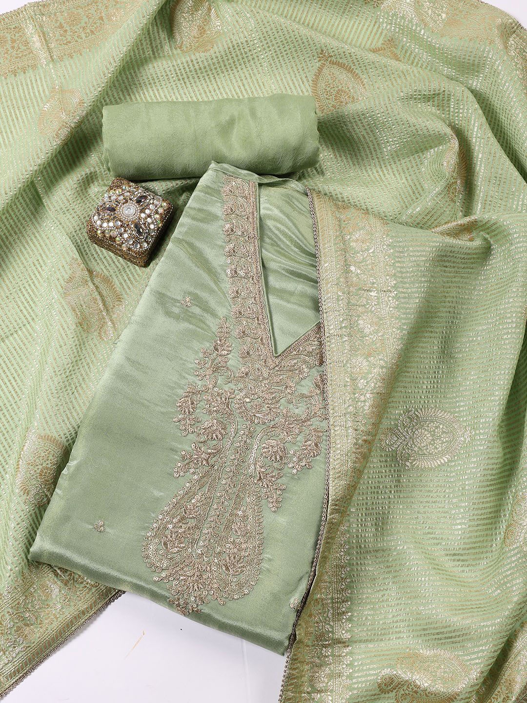 Meena Bazaar Floral Embroidered Sequinned Tissue Unstitched Dress Material, Green
Meena Bazaar Floral Embroidered Sequinned Tissue Unstitched Dress Material, Green
