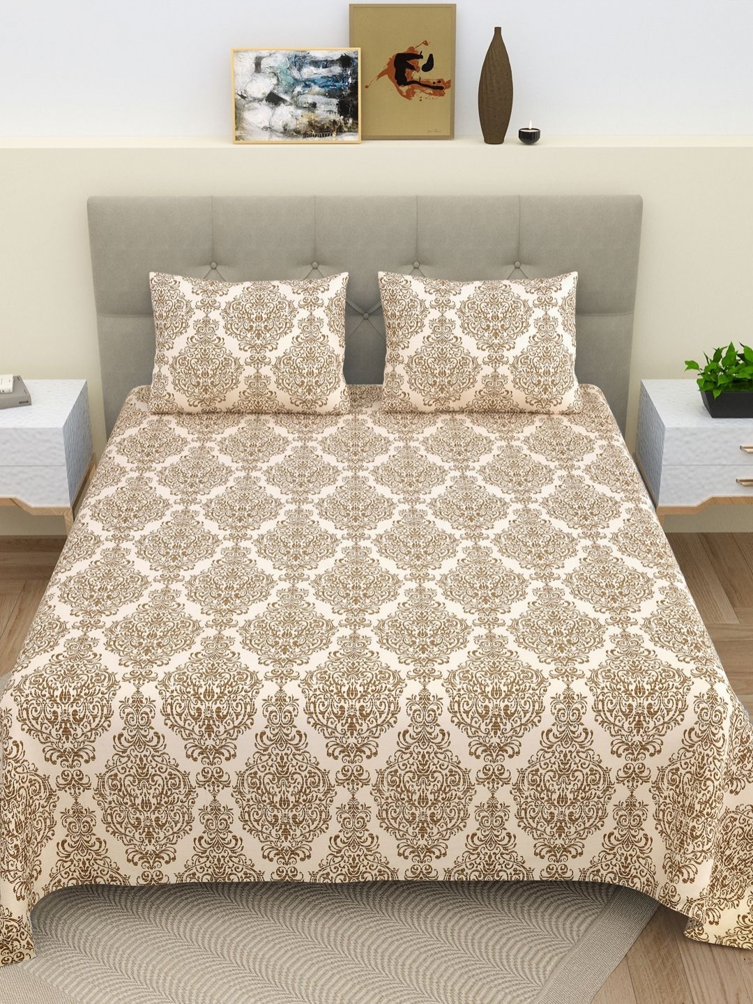 Myntra Elegant Homes Purple & Beige Printed Cotton 210 TC Queen Bedsheet Set 2.43m x 2.64m
Myntra Elegant Homes Purple & Beige Printed Cotton 210 TC Queen Bedsheet Set 2.43m x 2.64m