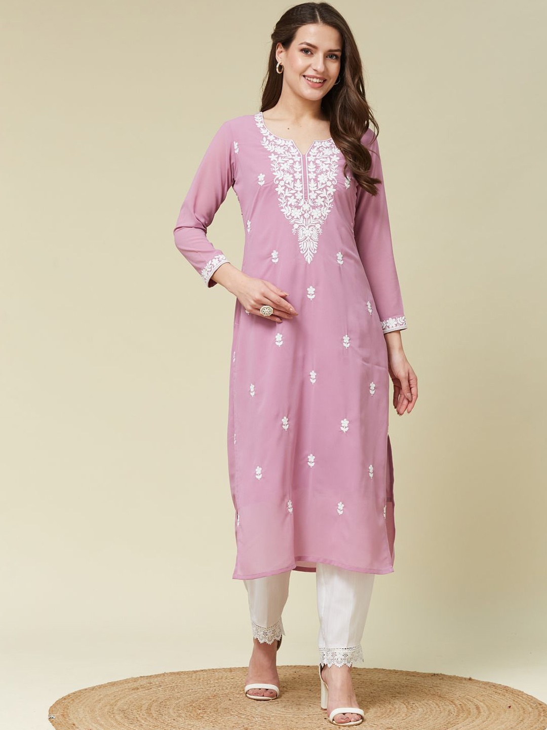 MOKOSH Floral Embroidered Notch Neck Thread Work Georgette Straight Kurta With Trousers, Lavender
MOKOSH Floral Embroidered Notch Neck Thread Work Georgette Straight Kurta With Trousers, Lavender