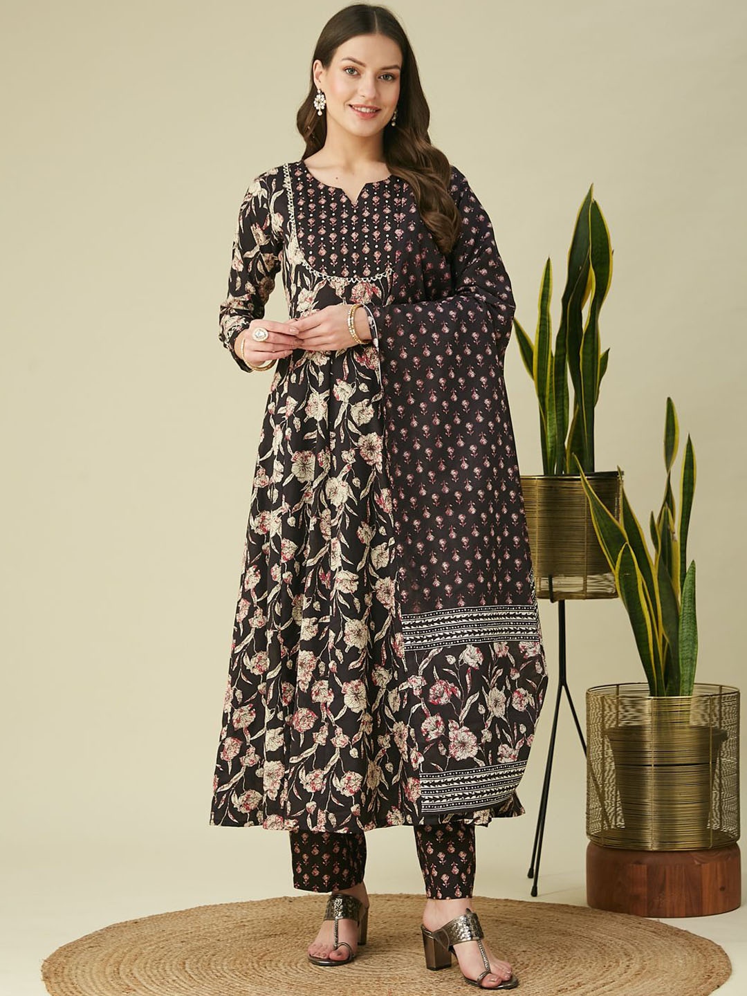 Colors of Earth Floral Printed Pleated Pure Cotton Anarkali Kurta With Trousers & Dupatta, Black
Colors of Earth Floral Printed Pleated Pure Cotton Anarkali Kurta With Trousers & Dupatta, Black