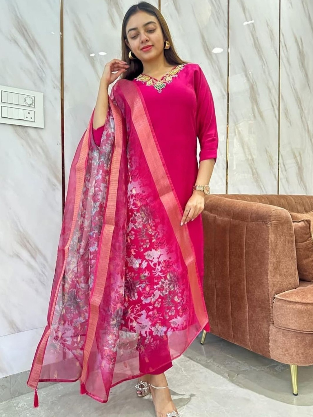 Navlik Floral Yoke Design V Neck Thread Work Straight Kurta With Trousers & Dupatta, Pink
Navlik Floral Yoke Design V Neck Thread Work Straight Kurta With Trousers & Dupatta, Pink