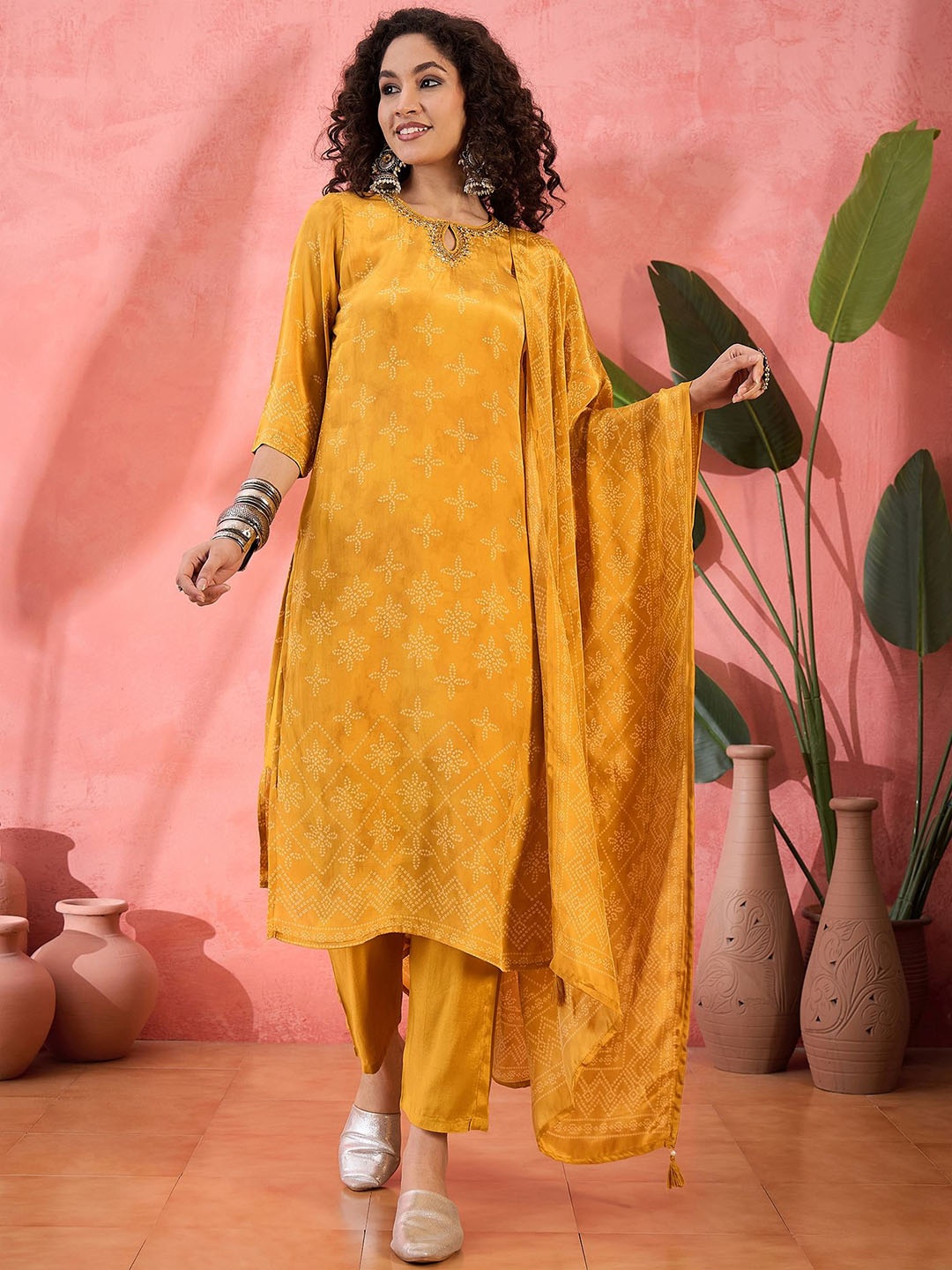 Sangria Bandhani Printed Keyhole Neck Straight Kurta With Trouser And Dupatta, Mustard
Sangria Bandhani Printed Keyhole Neck Straight Kurta With Trouser And Dupatta, Mustard