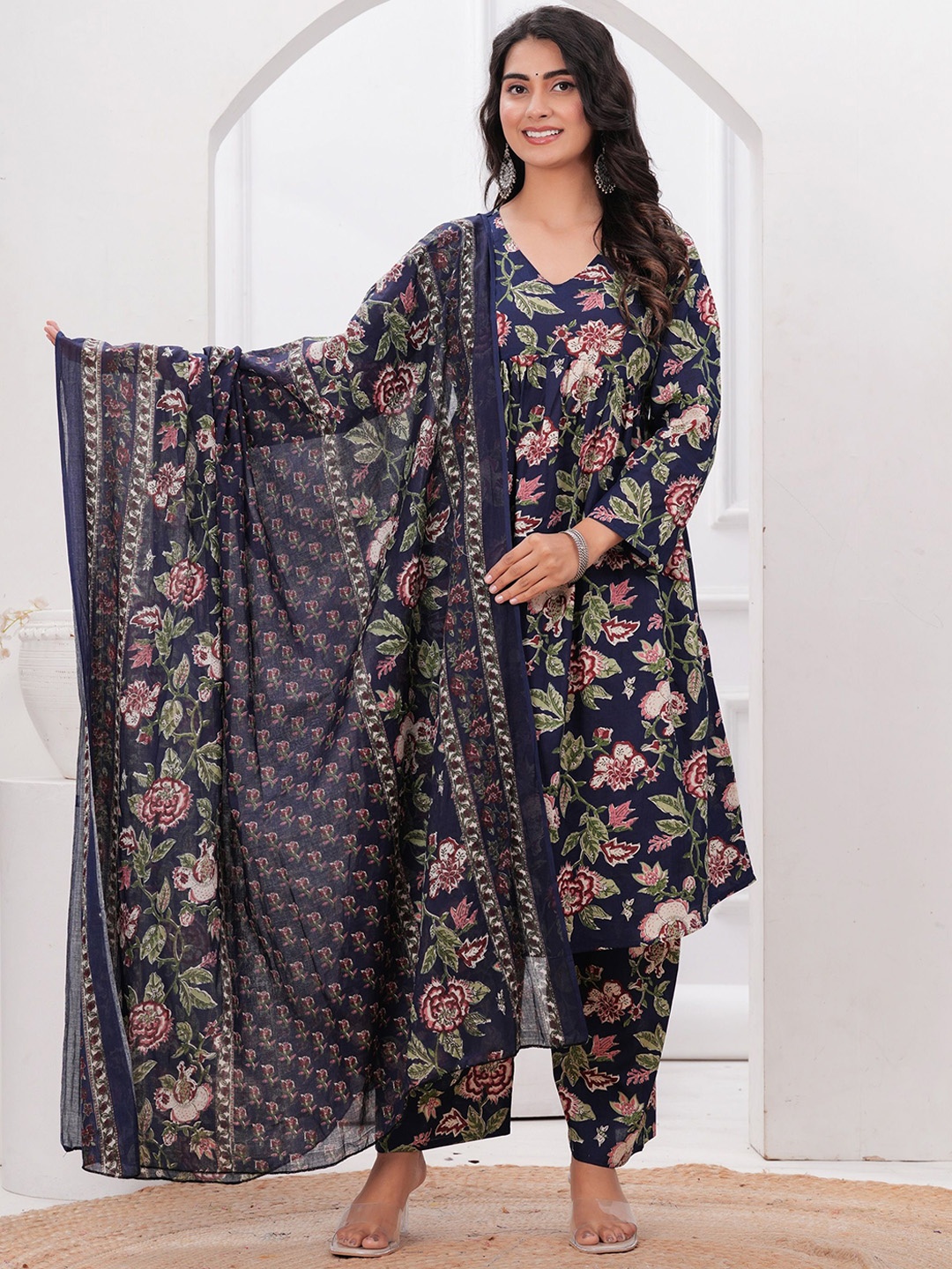 VASUPRADA Women Floral Printed Regular Pure Cotton Kurta with Palazzos & With Dupatta, Navy blue
VASUPRADA Women Floral Printed Regular Pure Cotton Kurta with Palazzos & With Dupatta, Navy blue