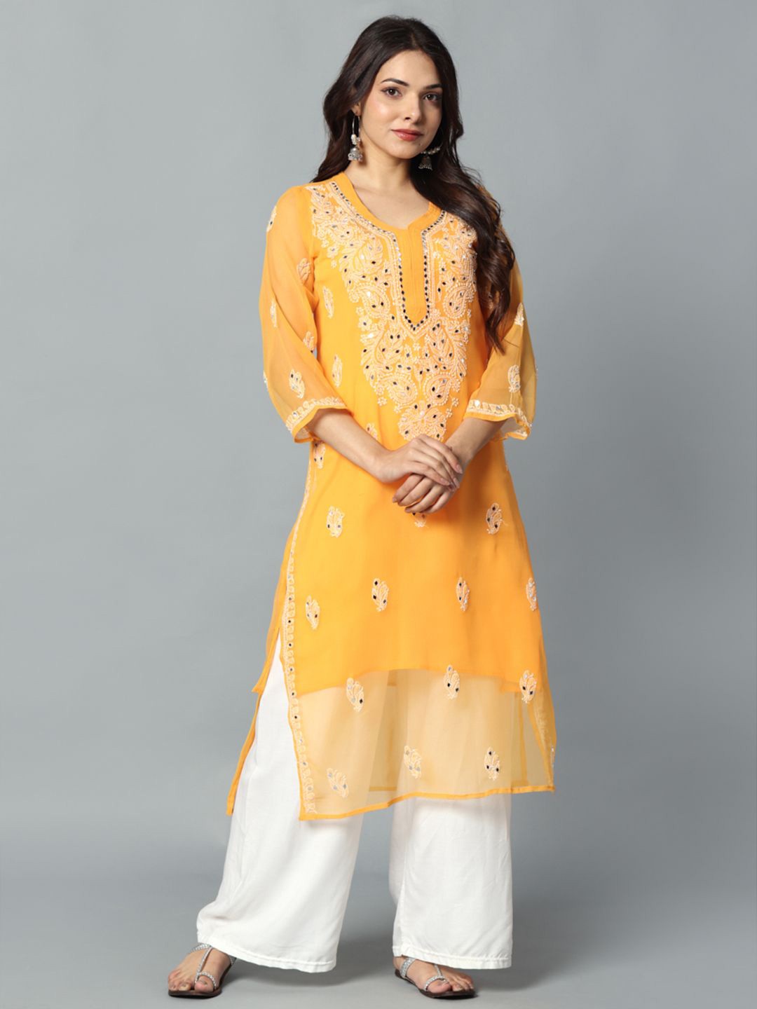 Fashionable Chikan Handikraft Floral Embroidered Mirror Work Straight Kurta, Mustard
Fashionable Chikan Handikraft Floral Embroidered Mirror Work Straight Kurta, Mustard
