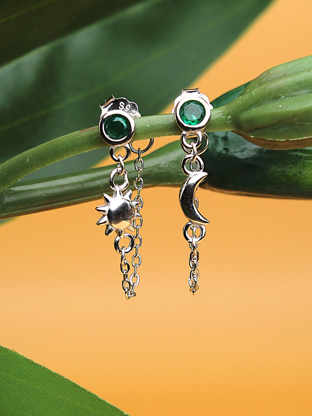 DEVASHREE 925 Sterling Silver Rhodium-Plated CZ Studded Moon & Sun Shaped Drop Earrings, Green
DEVASHREE 925 Sterling Silver Rhodium-Plated CZ Studded Moon & Sun Shaped Drop Earrings, Green