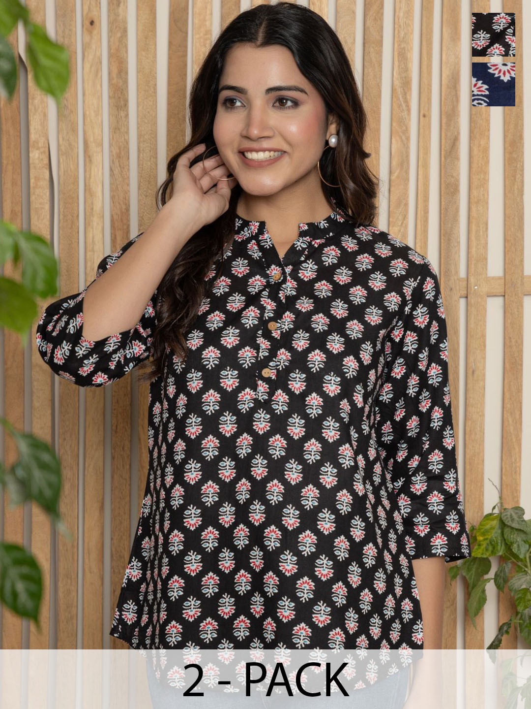 Samhitas Selection of 2 Floral Printed Mandarin Collar Pure Cotton Short Kurtas, Black
Samhitas Selection of 2 Floral Printed Mandarin Collar Pure Cotton Short Kurtas, Black