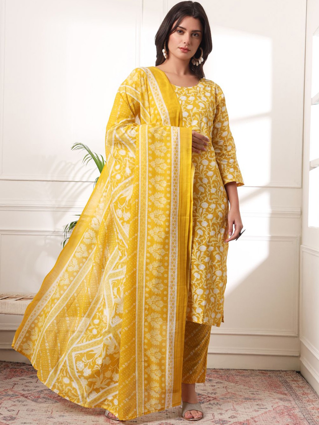 KALINI Floral Printed Pure Cotton Round Neck Straight Kurta With Trousers And Dupatta, Yellow
KALINI Floral Printed Pure Cotton Round Neck Straight Kurta With Trousers And Dupatta, Yellow