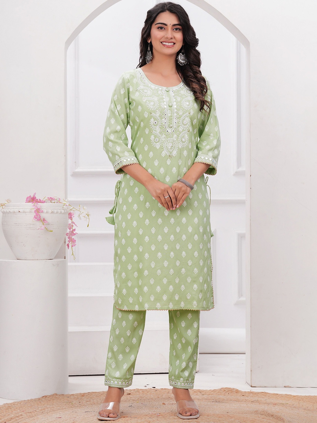 VASUPRADA Women Floral Embroidered Regular Mirror Work Kurta with Trousers, Lime green
VASUPRADA Women Floral Embroidered Regular Mirror Work Kurta with Trousers, Lime green