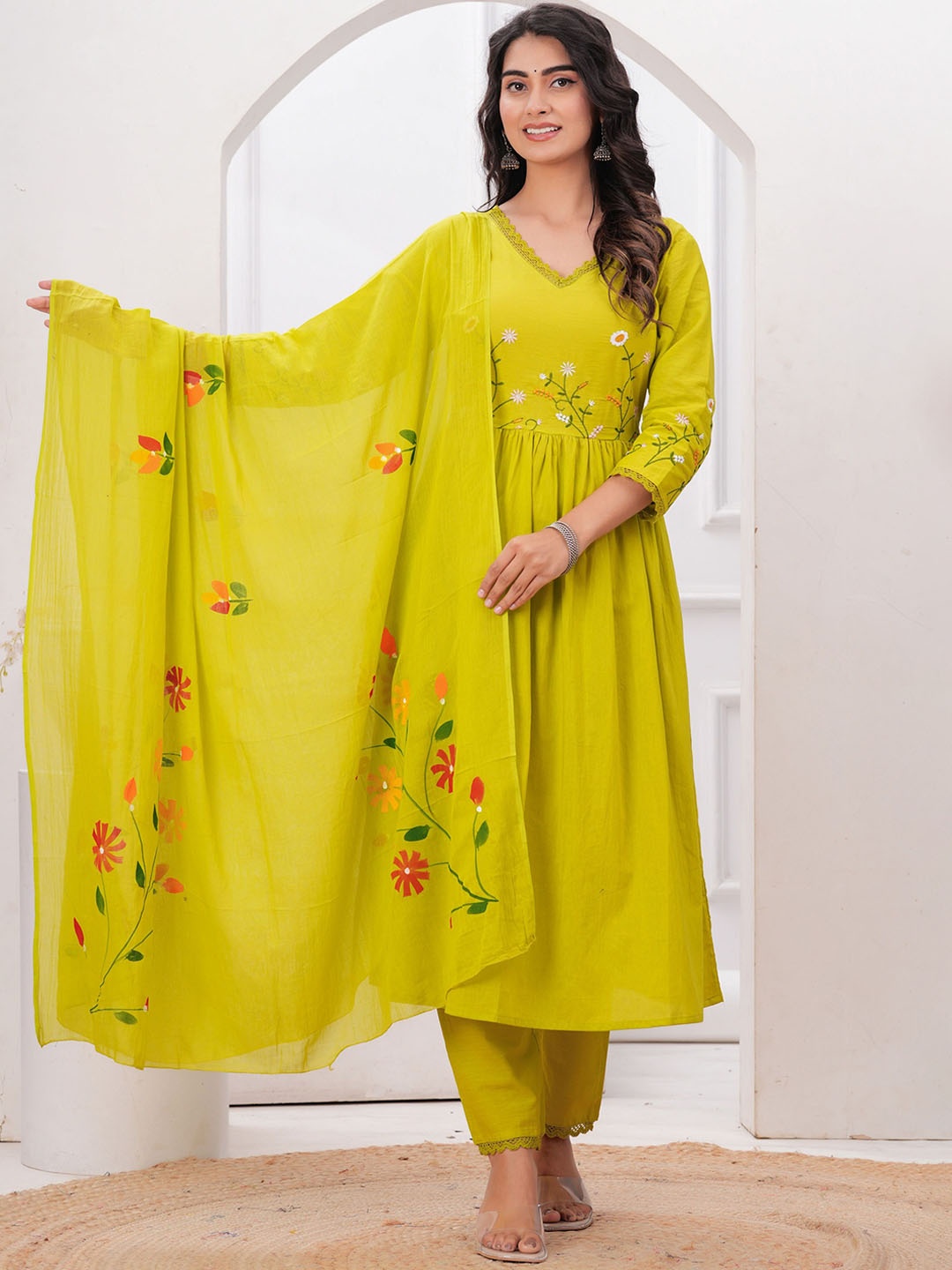 VASUPRADA Floral Embroidered V-Neck Cotton Anarkali Kurta With Trousers & Dupatta, Lime green
VASUPRADA Floral Embroidered V-Neck Cotton Anarkali Kurta With Trousers & Dupatta, Lime green