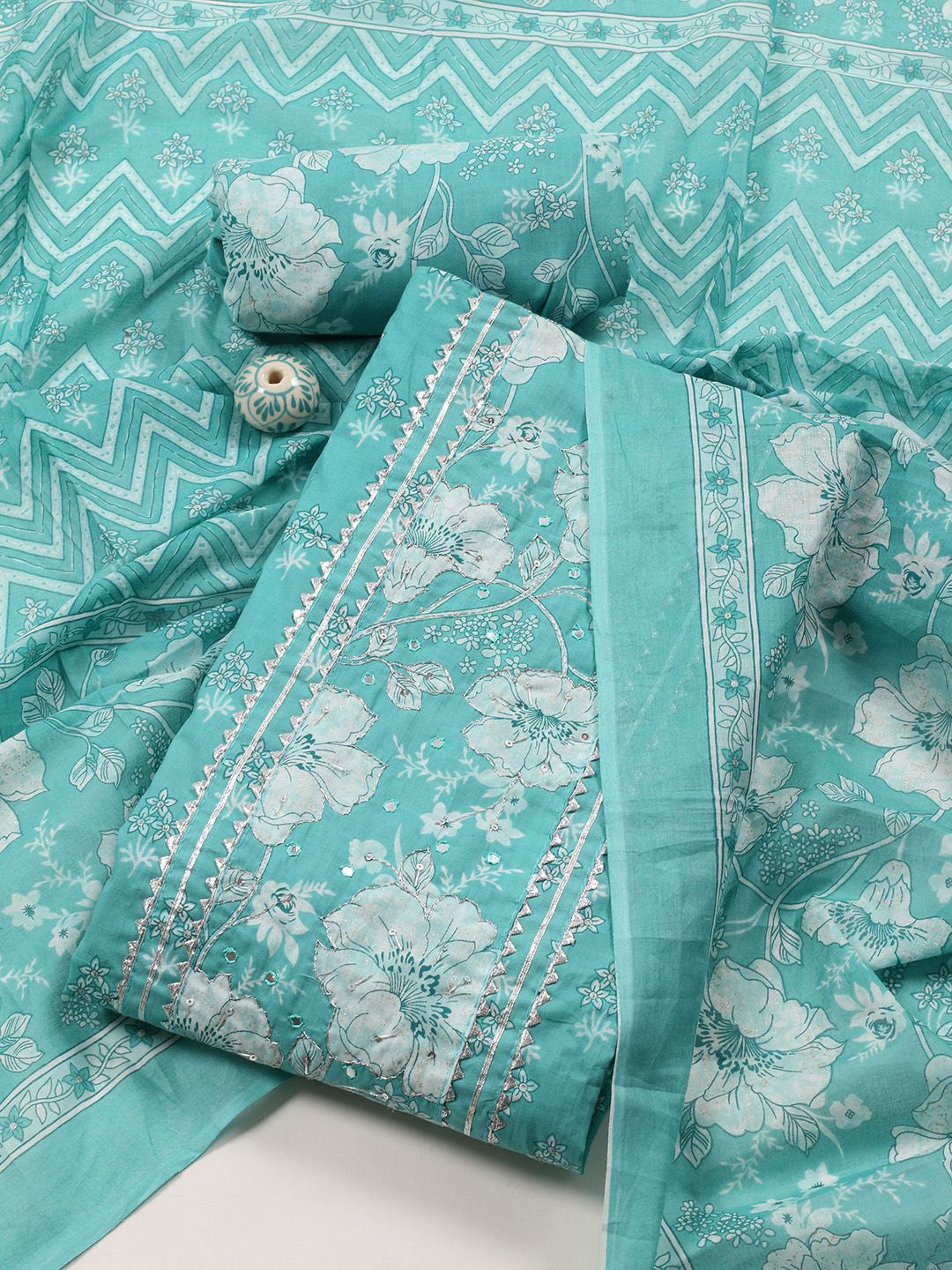 Meena Bazaar Floral Embroidered Sequinned Cotton Unstitched Dress Material, Sea green
Meena Bazaar Floral Embroidered Sequinned Cotton Unstitched Dress Material, Sea green