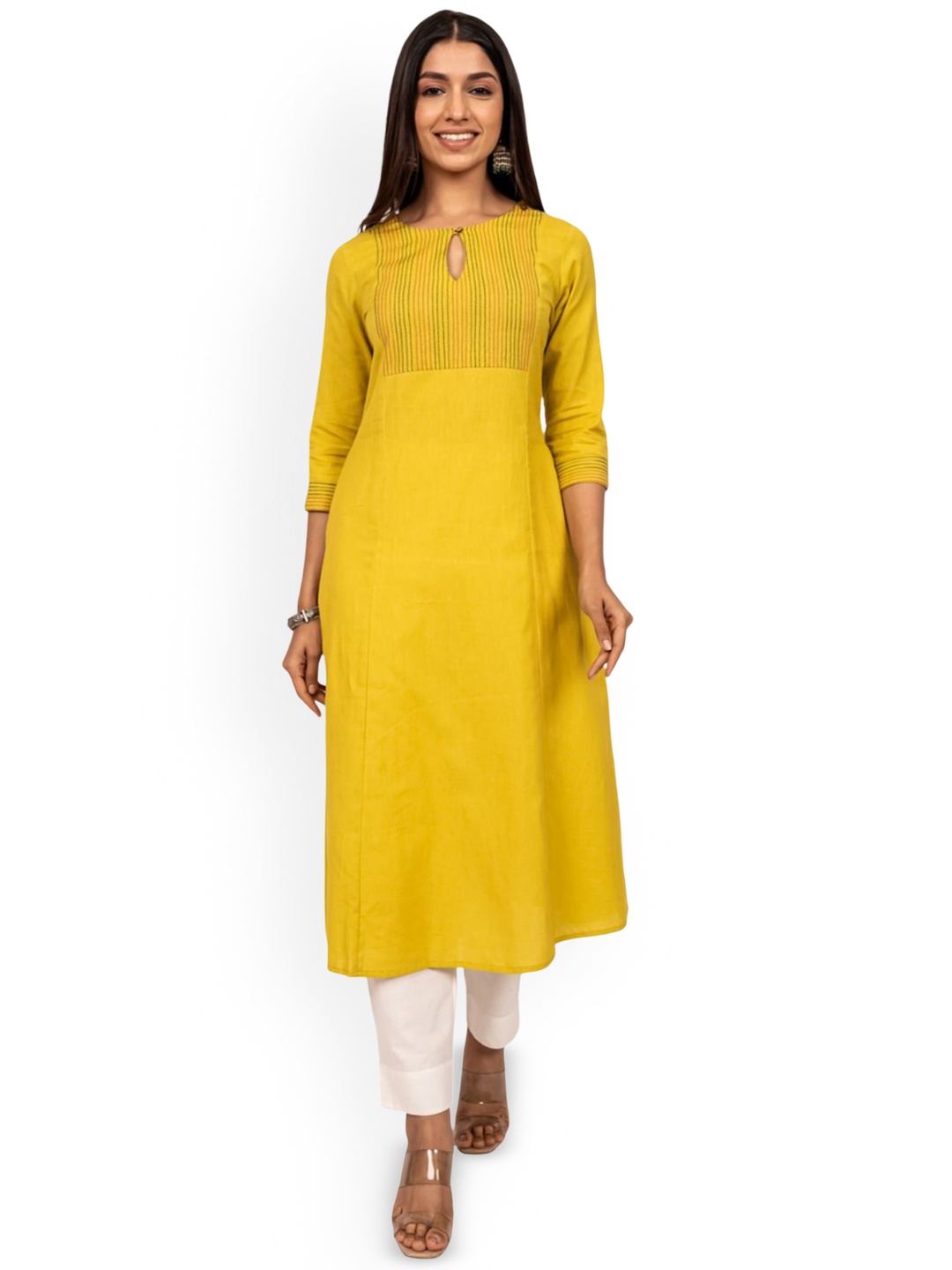 INDIE JHOLA Striped Embroidered Thread Work Keyhole Neck Pure Cotton A-Line Kurta, Yellow
INDIE JHOLA Striped Embroidered Thread Work Keyhole Neck Pure Cotton A-Line Kurta, Yellow