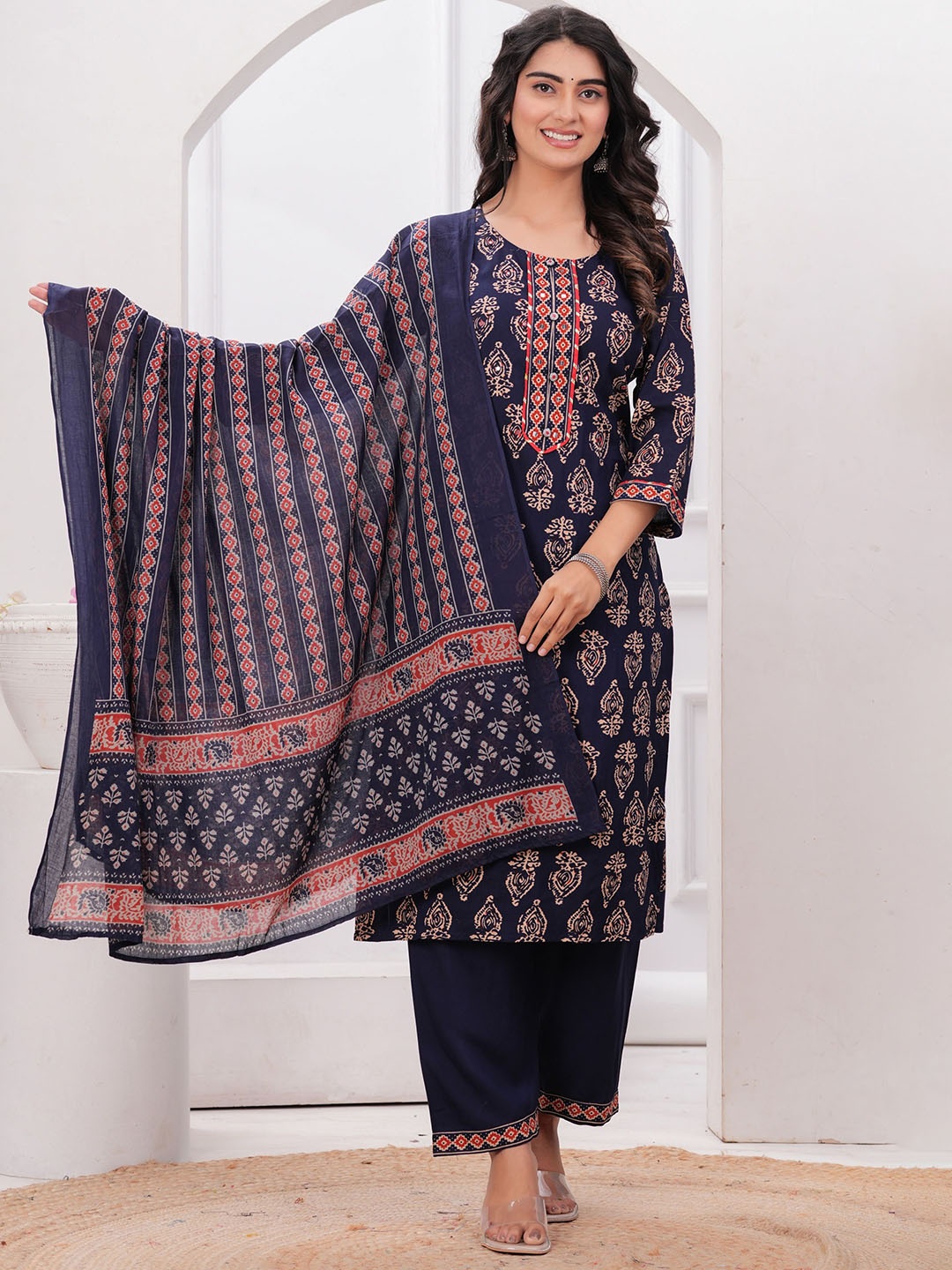 VASUPRADA Ethnic Motifs Printed Mirror Work Straight Kurta With Trousers & Dupatta, Navy blue
VASUPRADA Ethnic Motifs Printed Mirror Work Straight Kurta With Trousers & Dupatta, Navy blue