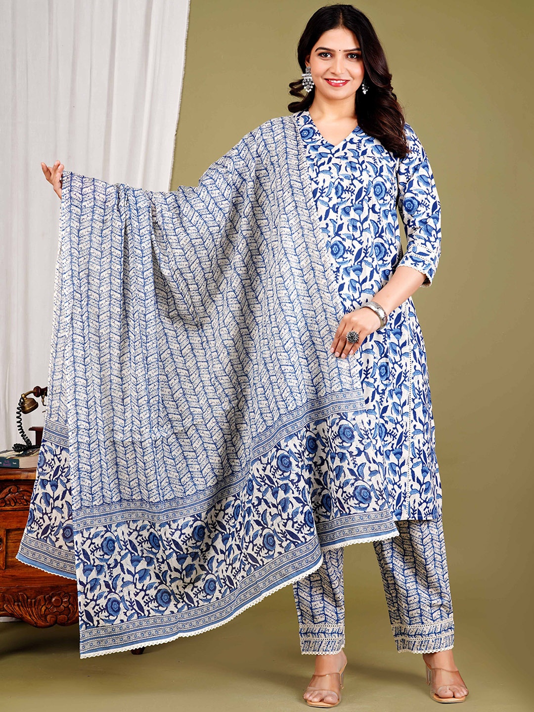 Moajaza Floral Printed V- Neck Pure Cotton A-Line Kurta With Trousers & Dupatta, Blue
Moajaza Floral Printed V- Neck Pure Cotton A-Line Kurta With Trousers & Dupatta, Blue