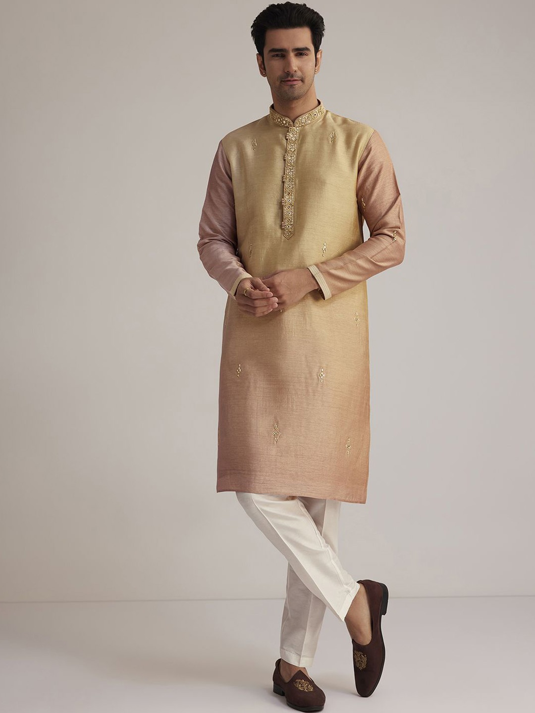 KALKI Fashion Geometric Embroidered Mandarin Collar Silk Straight Kurta With Trousers, Beige
KALKI Fashion Geometric Embroidered Mandarin Collar Silk Straight Kurta With Trousers, Beige