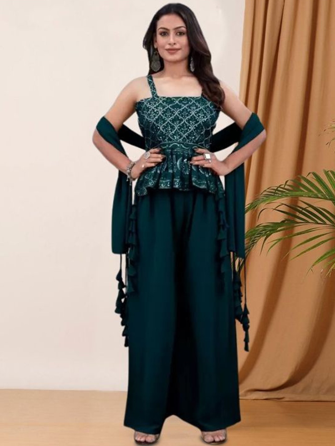 PARROT CREATION Floral Embroidered Georgette Anarkali Kurti With Sharara & Dupatta, Teal
PARROT CREATION Floral Embroidered Georgette Anarkali Kurti With Sharara & Dupatta, Teal