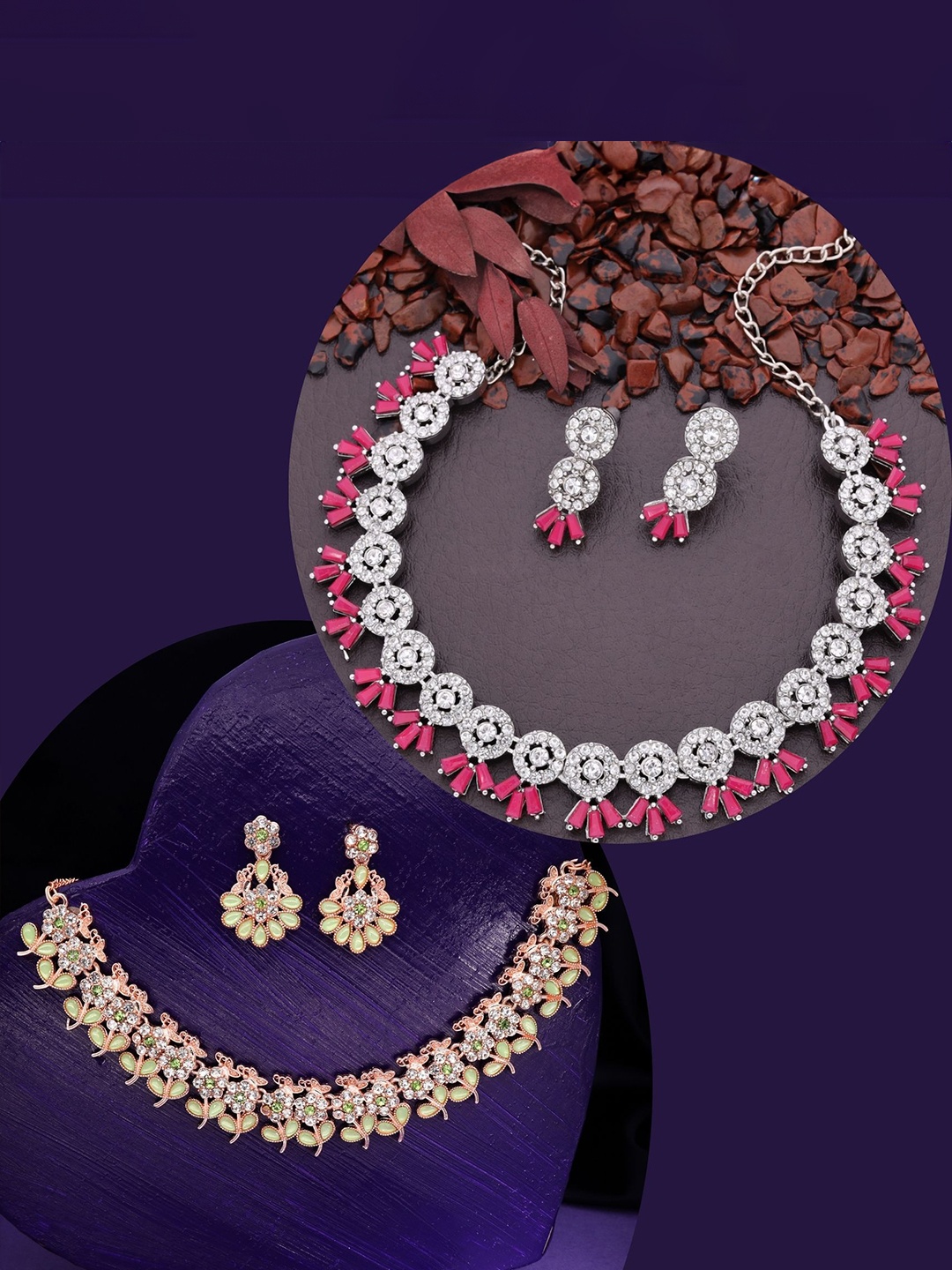 DIVASTRI Set Of 2 Gold & Silver Plated Artificial Stones Studded Necklace And Earrings
DIVASTRI Set Of 2 Gold & Silver Plated Artificial Stones Studded Necklace And Earrings